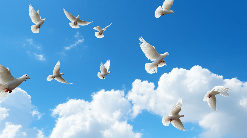 Contoh Prompt Membuat Gambar Burung dara beterbangan di langit menggunakan AI Stable Diffusion