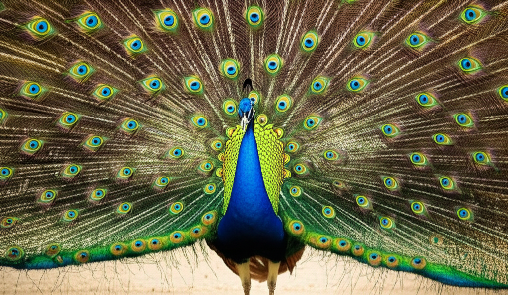 Contoh Prompt Membuat Gambar Burung merak membuka ekornya menggunakan AI MidJourney