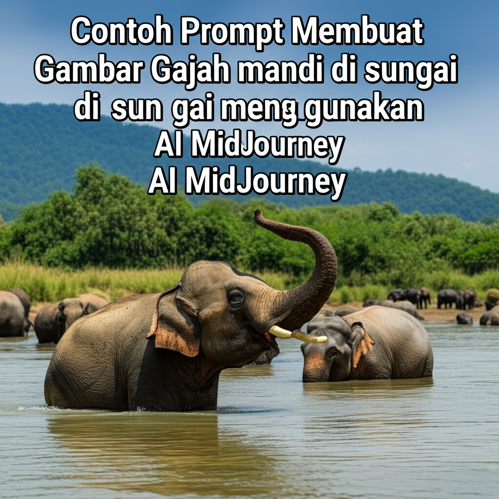 Contoh Prompt Membuat Gambar Gajah mandi di sungai menggunakan AI MidJourney