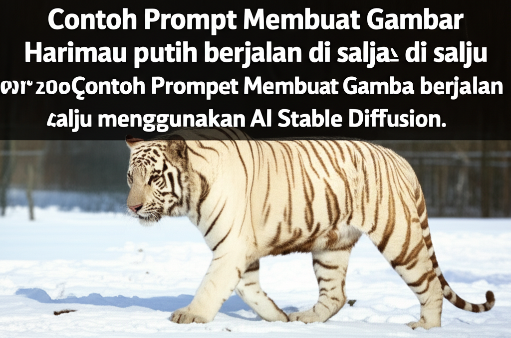 Contoh Prompt Membuat Gambar Harimau putih berjalan di salju menggunakan AI Stable Diffusion