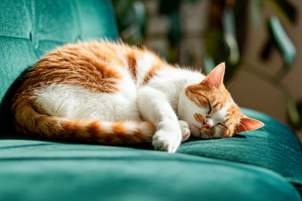 Contoh Prompt Membuat Gambar Kucing gemoy tidur di sofa menggunakan AI MidJourney