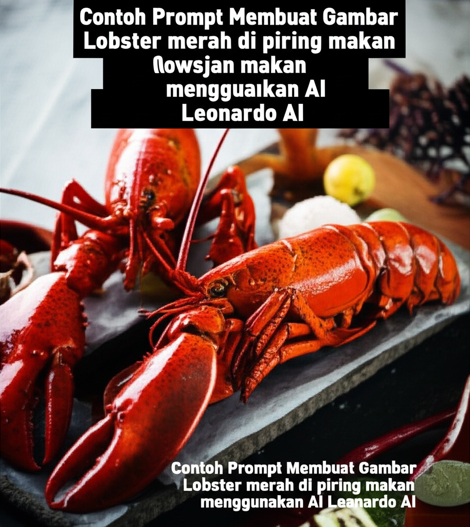 Contoh Prompt Membuat Gambar Lobster merah di piring makan menggunakan AI Leonardo AI Contoh Prompt Membuat Gambar Lobster merah di piring makan menggunakan AI Leonardo AI