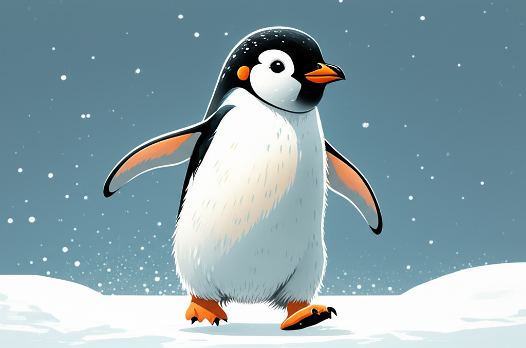 Contoh Prompt Membuat Gambar Penguin kecil berjalan di salju menggunakan AI DALL·E 3