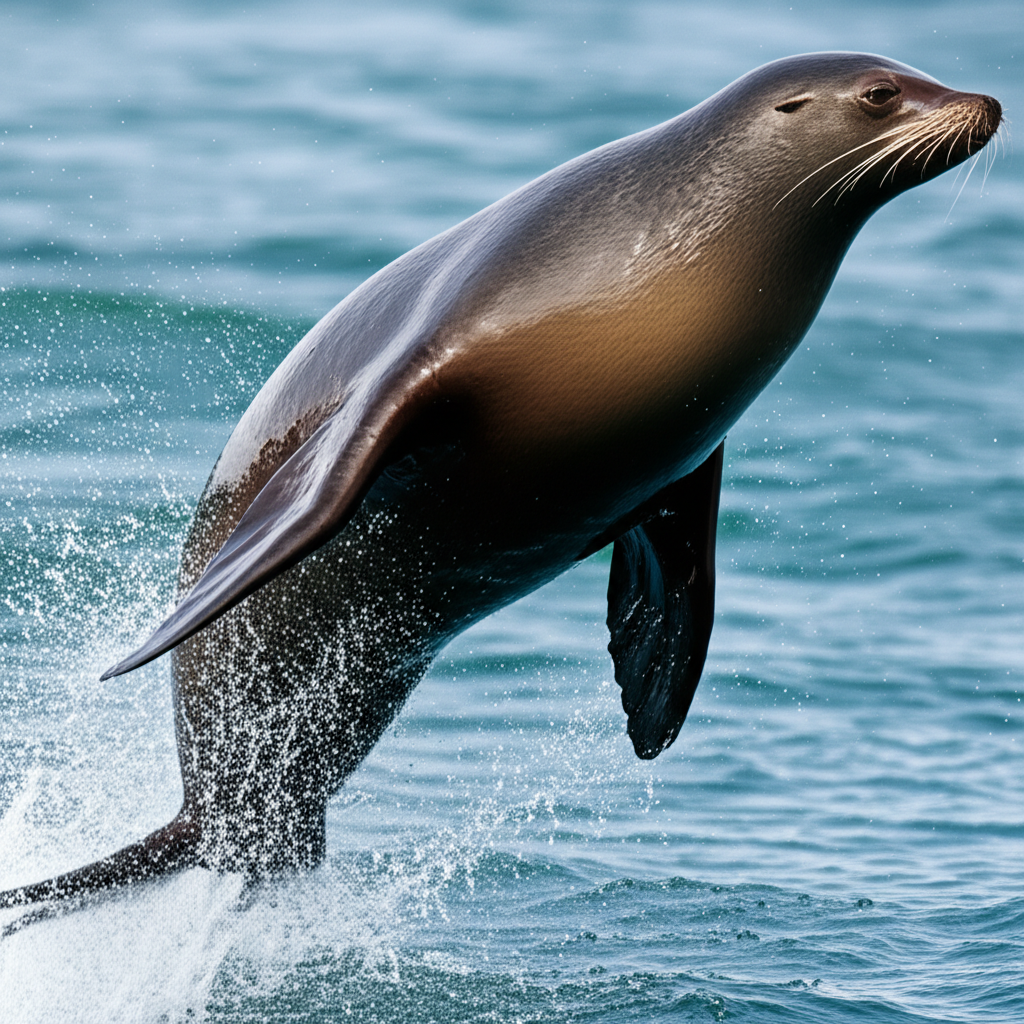 Contoh Prompt Membuat Gambar Singa laut meloncat dari air menggunakan AI BlueWillow
